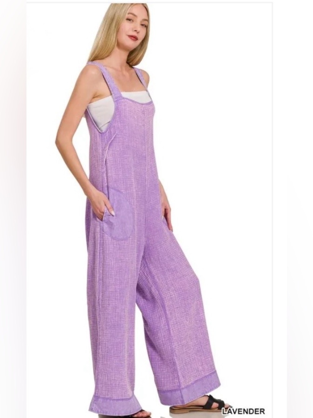 Zenana Lavender Gauze Cotton Wide Leg Overalls Size Large NWT - Picture 2 of 4